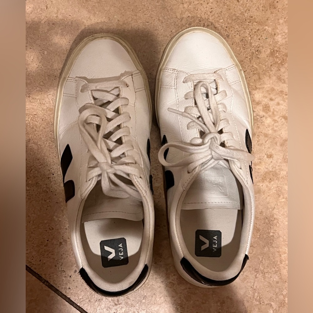 Veja V-10 Leather Sneakers in White with Black Accents - Women’s